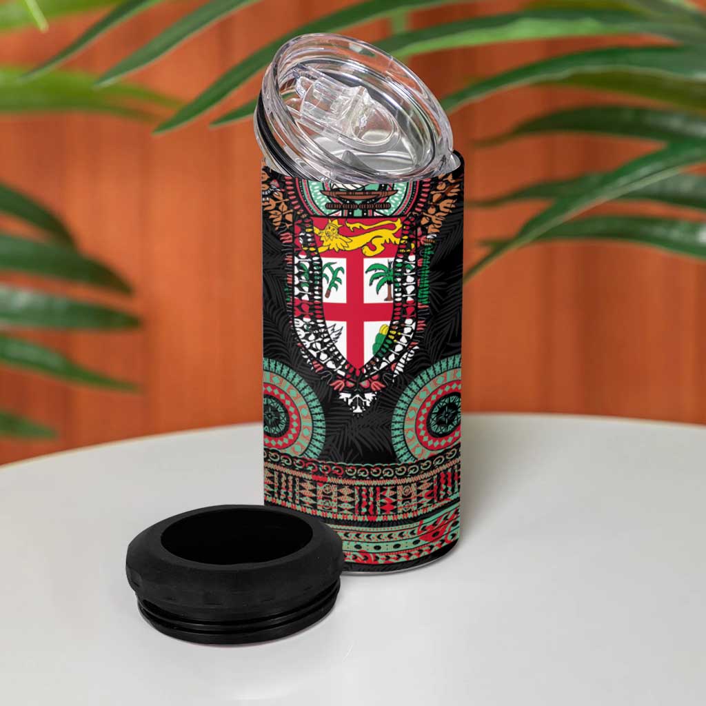 Fiji Coat of Arms Traditional Dashiki 4 in 1 Can Cooler Tumbler Tapa Art and Palm Leaves Pattern Black Color LT03 - Polynesian Pride