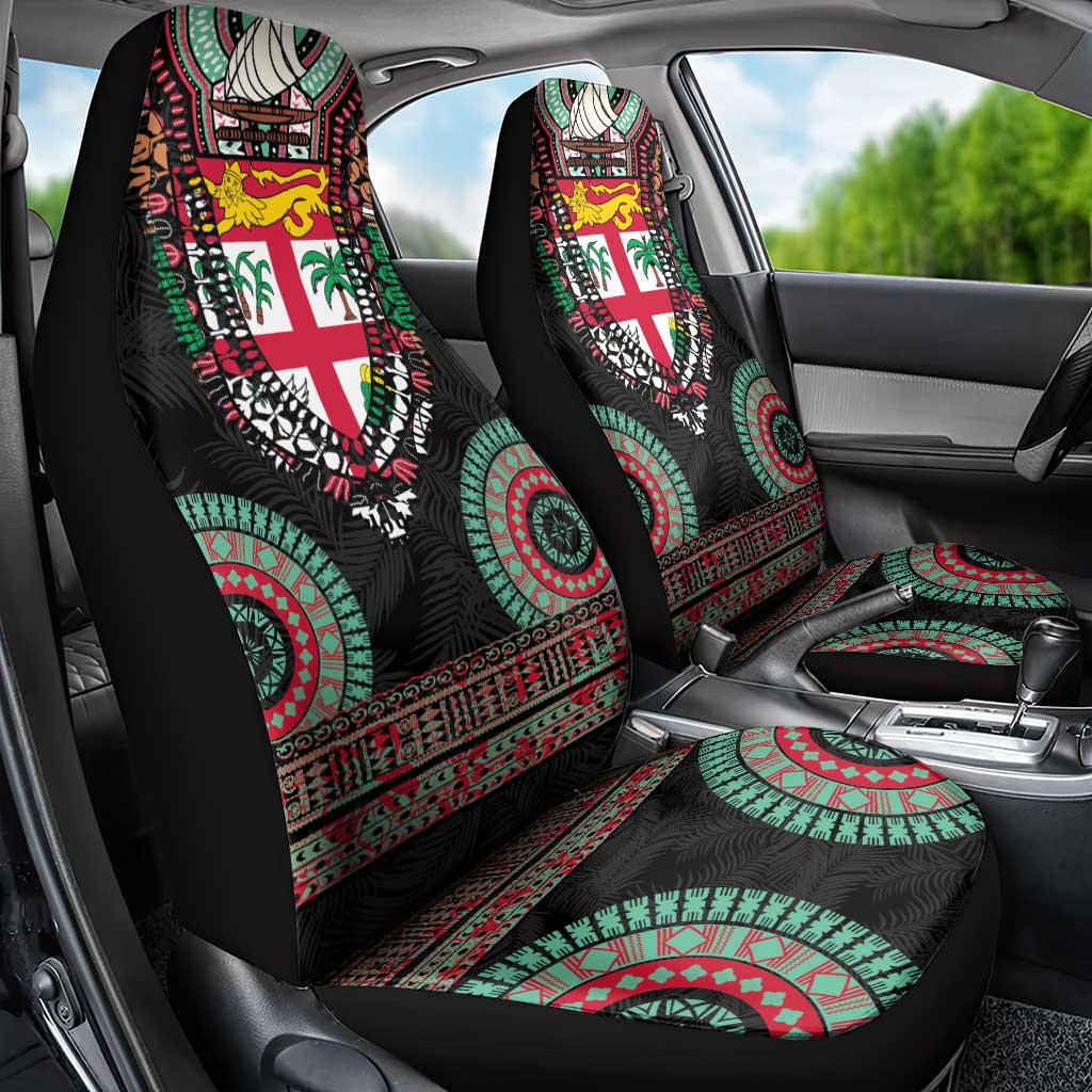 Fiji Coat of Arms Traditional Dashiki Car Seat Cover Tapa Art and Palm Leaves Pattern Black Color LT03 - Polynesian Pride
