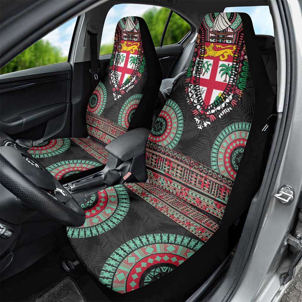 Fiji Coat of Arms Traditional Dashiki Car Seat Cover Tapa Art and Palm Leaves Pattern Black Color LT03 - Polynesian Pride