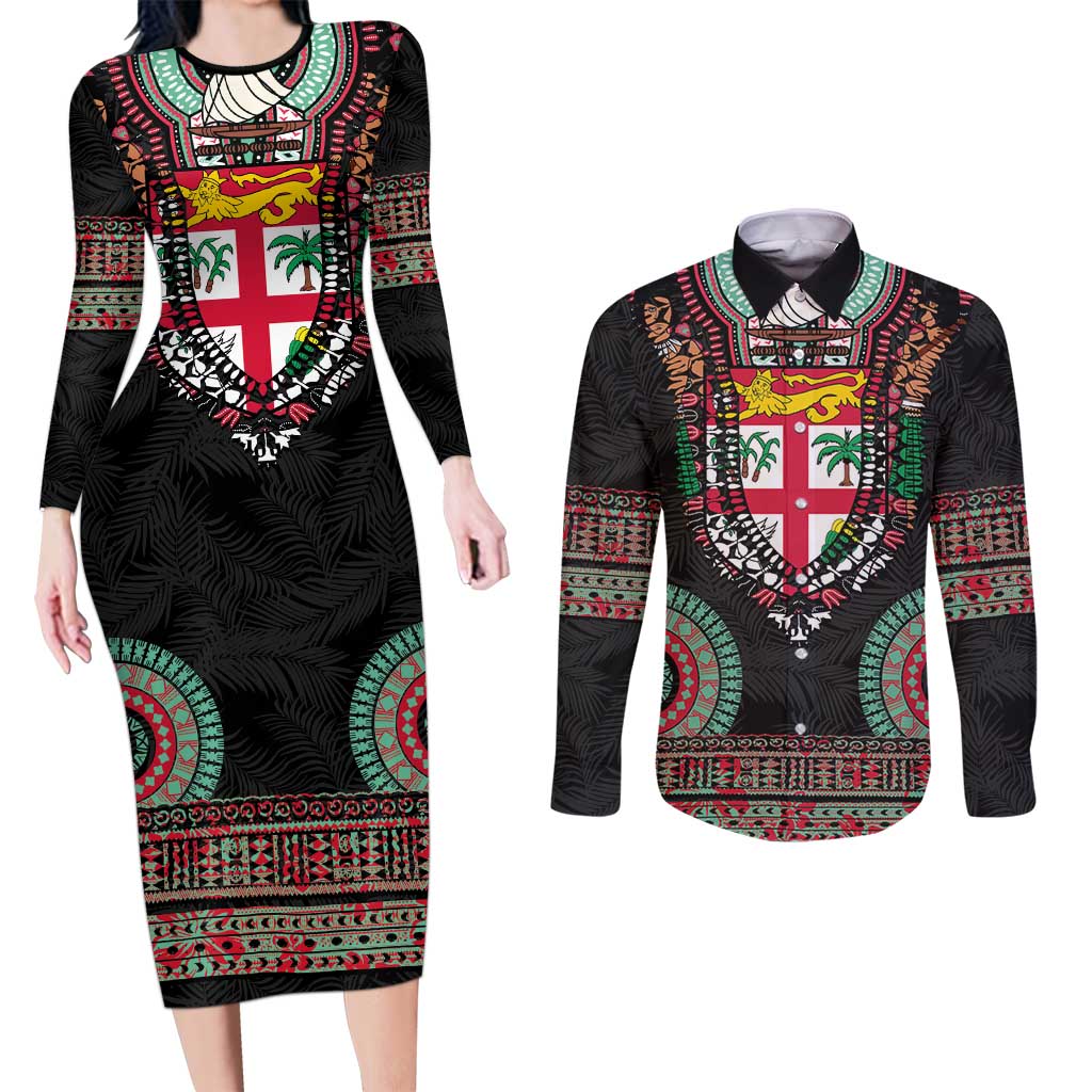 Fiji Coat of Arms Traditional Dashiki Couples Matching Long Sleeve Bodycon Dress and Long Sleeve Button Shirt Tapa Art and Palm Leaves Pattern Black Color LT03 Black - Polynesian Pride