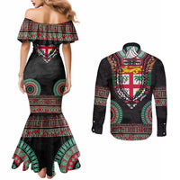 Fiji Coat of Arms Traditional Dashiki Couples Matching Mermaid Dress and Long Sleeve Button Shirt Tapa Art and Palm Leaves Pattern Black Color LT03 - Polynesian Pride