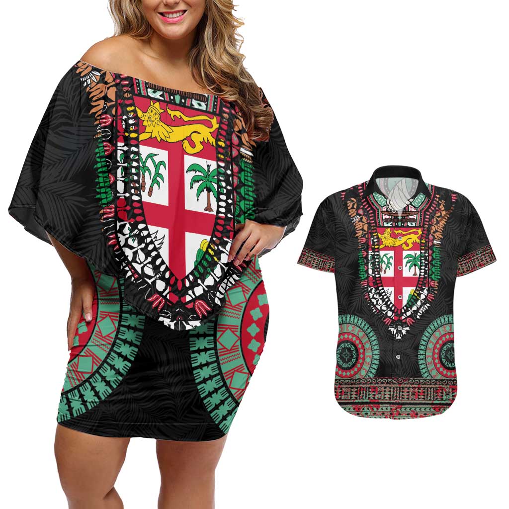 Fiji Coat of Arms Traditional Dashiki Couples Matching Off Shoulder Short Dress and Hawaiian Shirt Tapa Art and Palm Leaves Pattern Black Color LT03 Black - Polynesian Pride