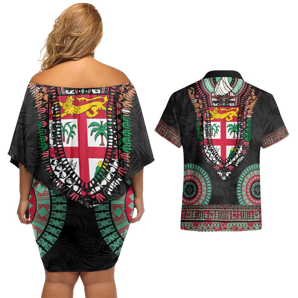 Fiji Coat of Arms Traditional Dashiki Couples Matching Off Shoulder Short Dress and Hawaiian Shirt Tapa Art and Palm Leaves Pattern Black Color LT03 - Polynesian Pride