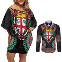 Fiji Coat of Arms Traditional Dashiki Couples Matching Off Shoulder Short Dress and Long Sleeve Button Shirt Tapa Art and Palm Leaves Pattern Black Color LT03 Black - Polynesian Pride