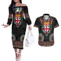 Fiji Coat of Arms Traditional Dashiki Couples Matching Off The Shoulder Long Sleeve Dress and Hawaiian Shirt Tapa Art and Palm Leaves Pattern Black Color LT03 Black - Polynesian Pride
