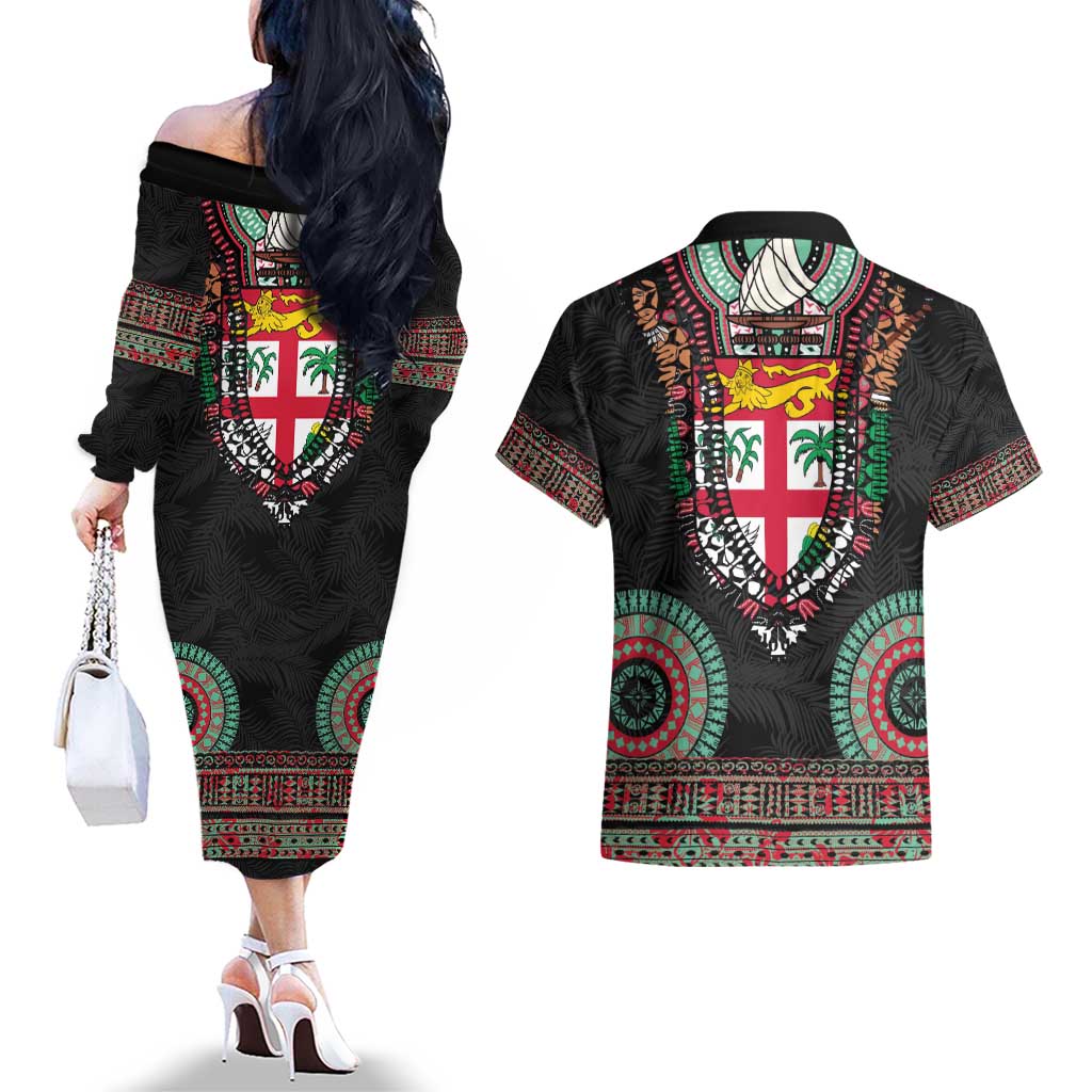 Fiji Coat of Arms Traditional Dashiki Couples Matching Off The Shoulder Long Sleeve Dress and Hawaiian Shirt Tapa Art and Palm Leaves Pattern Black Color LT03 - Polynesian Pride