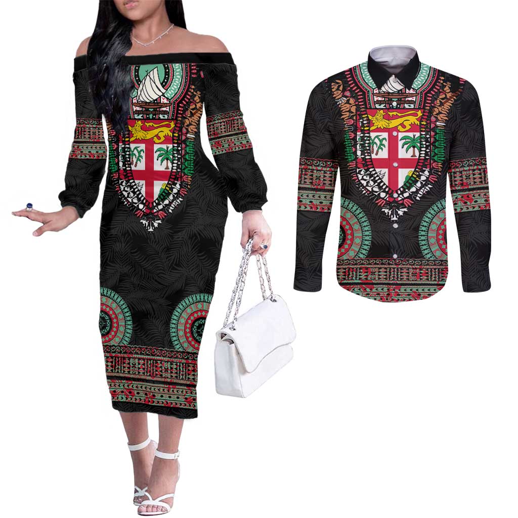 Fiji Coat of Arms Traditional Dashiki Couples Matching Off The Shoulder Long Sleeve Dress and Long Sleeve Button Shirt Tapa Art and Palm Leaves Pattern Black Color LT03 Black - Polynesian Pride