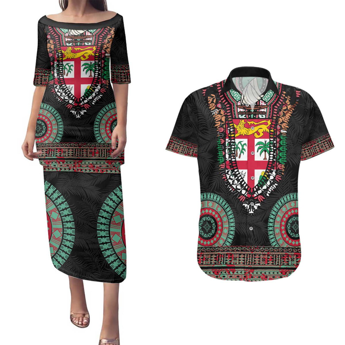 Fiji Coat of Arms Traditional Dashiki Couples Matching Puletasi and Hawaiian Shirt Tapa Art and Palm Leaves Pattern Black Color LT03 Black - Polynesian Pride