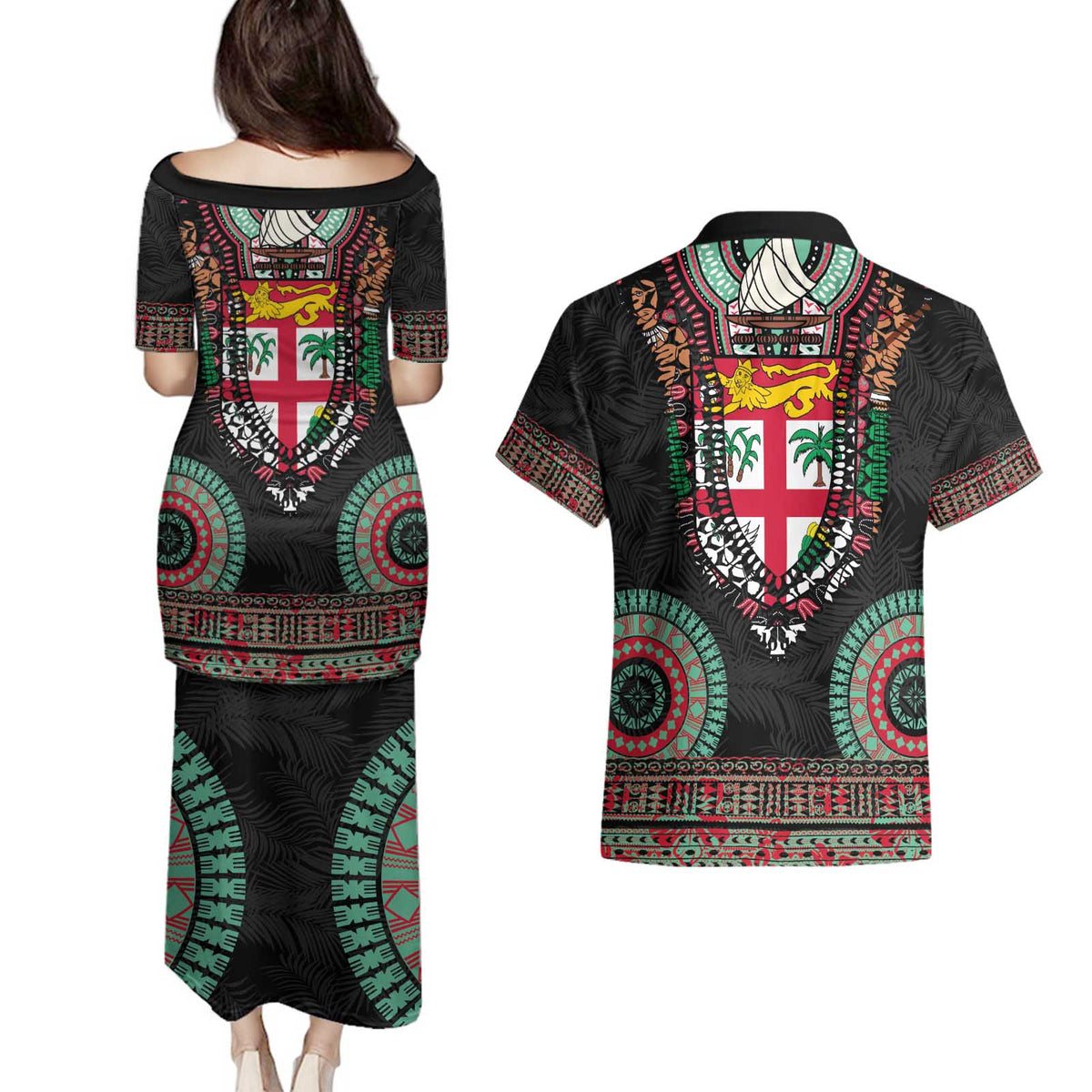 Fiji Coat of Arms Traditional Dashiki Couples Matching Puletasi and Hawaiian Shirt Tapa Art and Palm Leaves Pattern Black Color LT03 - Polynesian Pride
