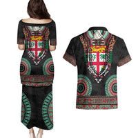Fiji Coat of Arms Traditional Dashiki Couples Matching Puletasi and Hawaiian Shirt Tapa Art and Palm Leaves Pattern Black Color LT03 - Polynesian Pride