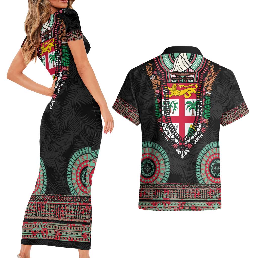 Fiji Coat of Arms Traditional Dashiki Couples Matching Short Sleeve Bodycon Dress and Hawaiian Shirt Tapa Art and Palm Leaves Pattern Black Color LT03 - Polynesian Pride