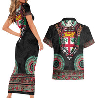 Fiji Coat of Arms Traditional Dashiki Couples Matching Short Sleeve Bodycon Dress and Hawaiian Shirt Tapa Art and Palm Leaves Pattern Black Color LT03 - Polynesian Pride