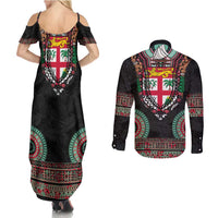 Fiji Coat of Arms Traditional Dashiki Couples Matching Summer Maxi Dress and Long Sleeve Button Shirt Tapa Art and Palm Leaves Pattern Black Color LT03 - Polynesian Pride