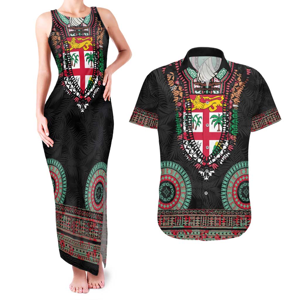 Fiji Coat of Arms Traditional Dashiki Couples Matching Tank Maxi Dress and Hawaiian Shirt Tapa Art and Palm Leaves Pattern Black Color LT03 Black - Polynesian Pride