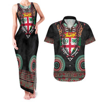 Fiji Coat of Arms Traditional Dashiki Couples Matching Tank Maxi Dress and Hawaiian Shirt Tapa Art and Palm Leaves Pattern Black Color LT03 Black - Polynesian Pride
