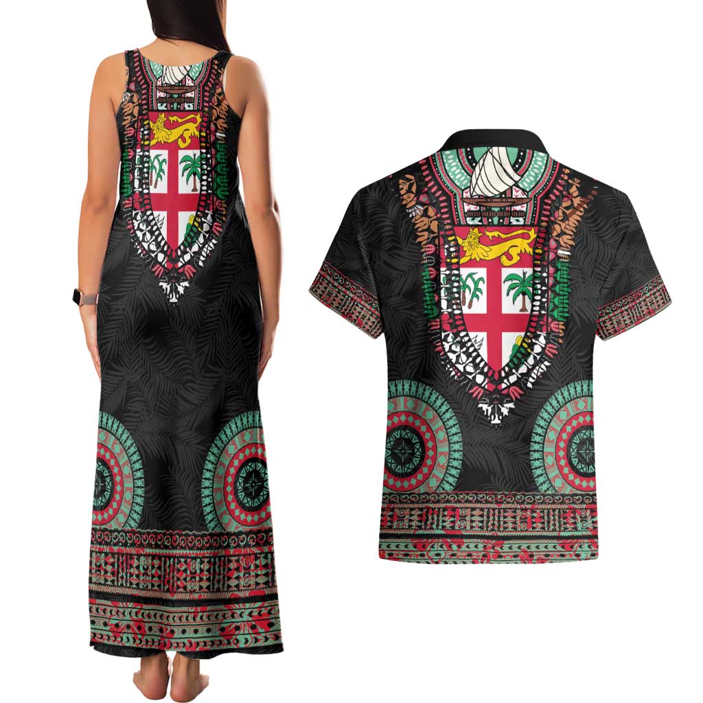 Fiji Coat of Arms Traditional Dashiki Couples Matching Tank Maxi Dress and Hawaiian Shirt Tapa Art and Palm Leaves Pattern Black Color LT03 - Polynesian Pride
