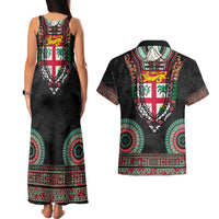 Fiji Coat of Arms Traditional Dashiki Couples Matching Tank Maxi Dress and Hawaiian Shirt Tapa Art and Palm Leaves Pattern Black Color LT03 - Polynesian Pride