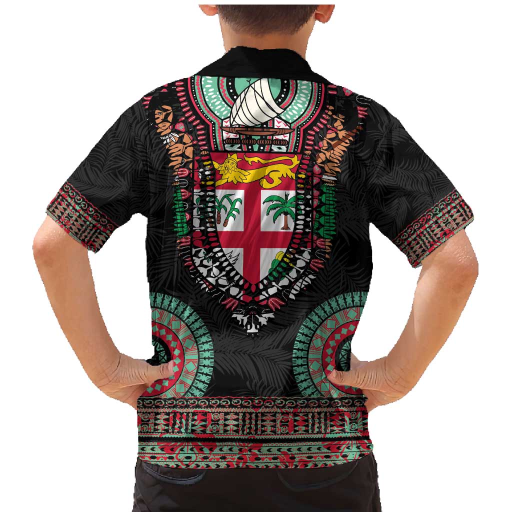Fiji Coat of Arms Traditional Dashiki Family Matching Mermaid Dress and Hawaiian Shirt Tapa Art and Palm Leaves Pattern Black Color LT03 - Polynesian Pride