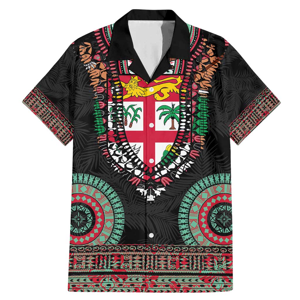 Fiji Coat of Arms Traditional Dashiki Family Matching Mermaid Dress and Hawaiian Shirt Tapa Art and Palm Leaves Pattern Black Color LT03 Dad's Shirt - Short Sleeve Black - Polynesian Pride