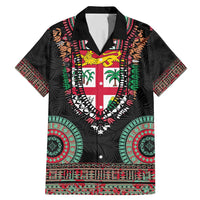Fiji Coat of Arms Traditional Dashiki Family Matching Mermaid Dress and Hawaiian Shirt Tapa Art and Palm Leaves Pattern Black Color LT03 Dad's Shirt - Short Sleeve Black - Polynesian Pride