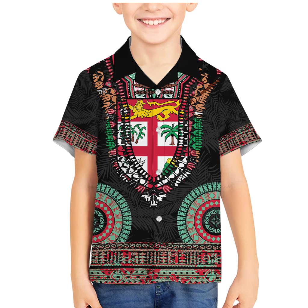 Fiji Coat of Arms Traditional Dashiki Family Matching Mermaid Dress and Hawaiian Shirt Tapa Art and Palm Leaves Pattern Black Color LT03 Son's Shirt Black - Polynesian Pride