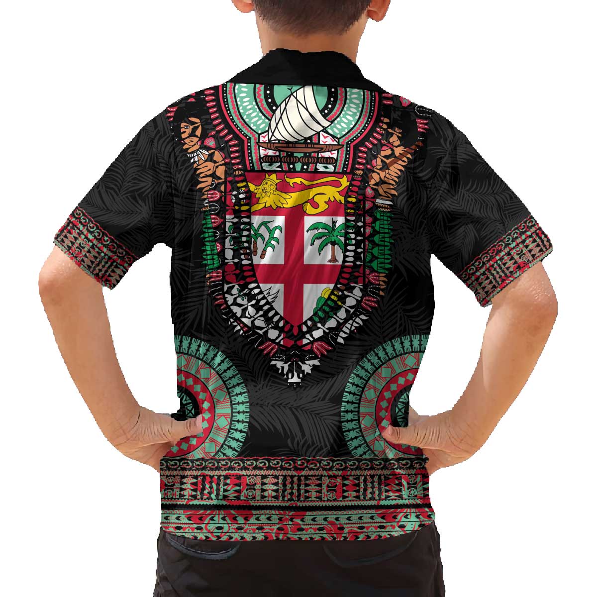 Fiji Coat of Arms Traditional Dashiki Family Matching Off The Shoulder Long Sleeve Dress and Hawaiian Shirt Tapa Art and Palm Leaves Pattern Black Color LT03 - Polynesian Pride
