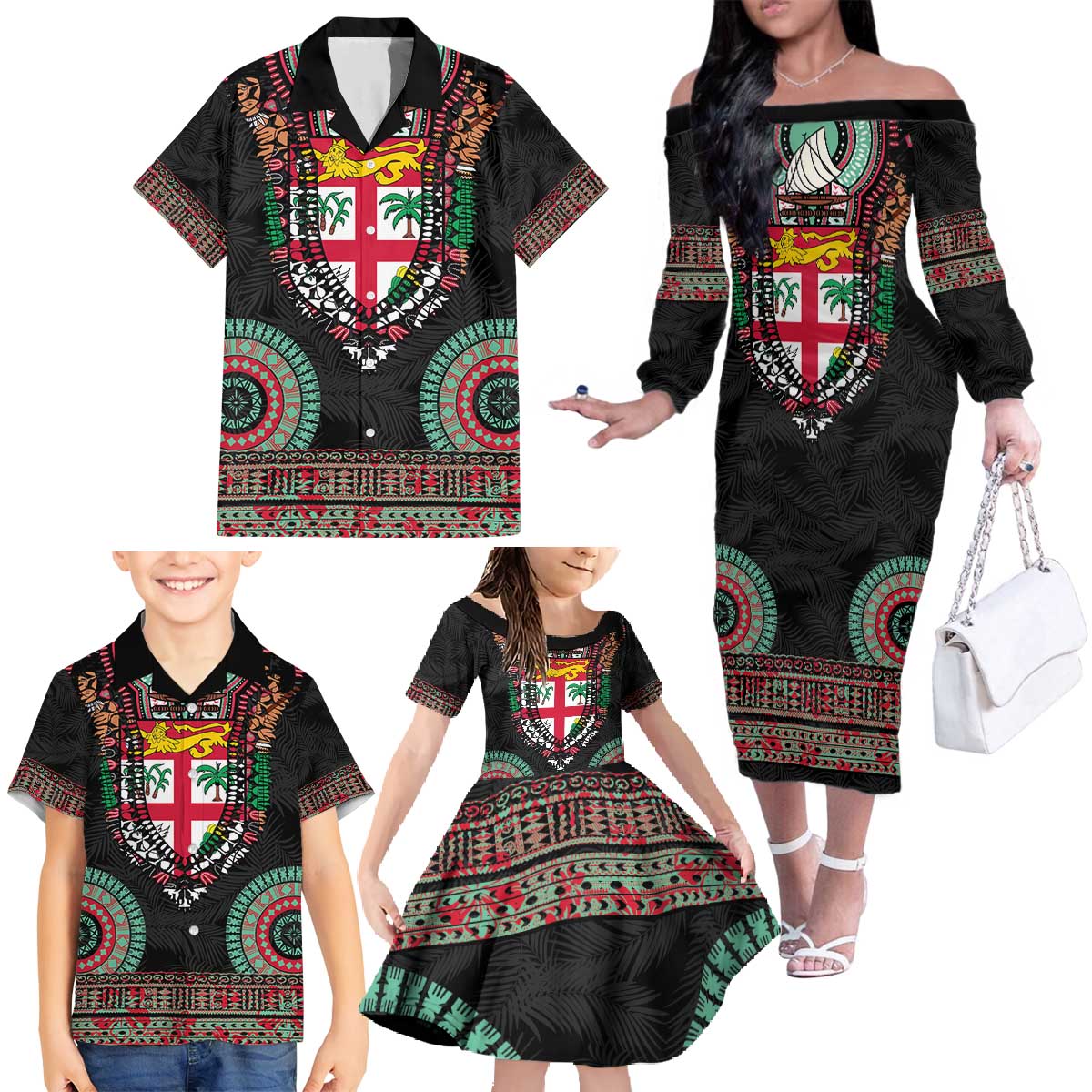 Fiji Coat of Arms Traditional Dashiki Family Matching Off The Shoulder Long Sleeve Dress and Hawaiian Shirt Tapa Art and Palm Leaves Pattern Black Color LT03 - Polynesian Pride