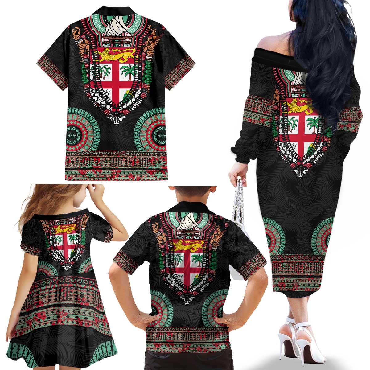 Fiji Coat of Arms Traditional Dashiki Family Matching Off The Shoulder Long Sleeve Dress and Hawaiian Shirt Tapa Art and Palm Leaves Pattern Black Color LT03 - Polynesian Pride