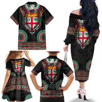 Fiji Coat of Arms Traditional Dashiki Family Matching Off The Shoulder Long Sleeve Dress and Hawaiian Shirt Tapa Art and Palm Leaves Pattern Black Color LT03 - Polynesian Pride