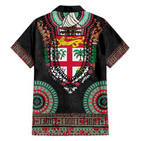 Fiji Coat of Arms Traditional Dashiki Family Matching Off The Shoulder Long Sleeve Dress and Hawaiian Shirt Tapa Art and Palm Leaves Pattern Black Color LT03 - Polynesian Pride