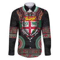 Fiji Coat of Arms Traditional Dashiki Family Matching Off The Shoulder Long Sleeve Dress and Hawaiian Shirt Tapa Art and Palm Leaves Pattern Black Color LT03 Dad's Shirt - Long Sleeve Black - Polynesian Pride