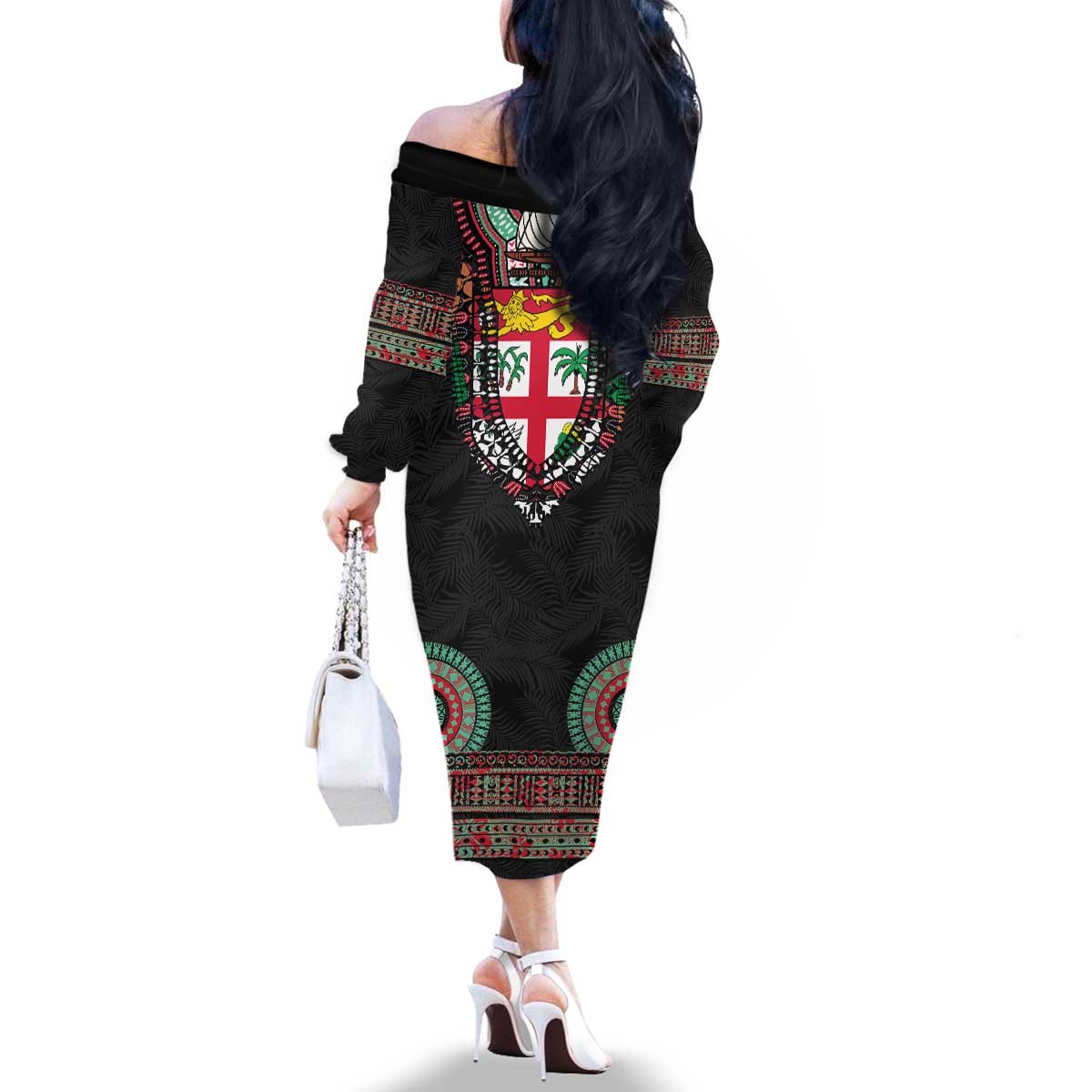 Fiji Coat of Arms Traditional Dashiki Family Matching Off The Shoulder Long Sleeve Dress and Hawaiian Shirt Tapa Art and Palm Leaves Pattern Black Color LT03 - Polynesian Pride