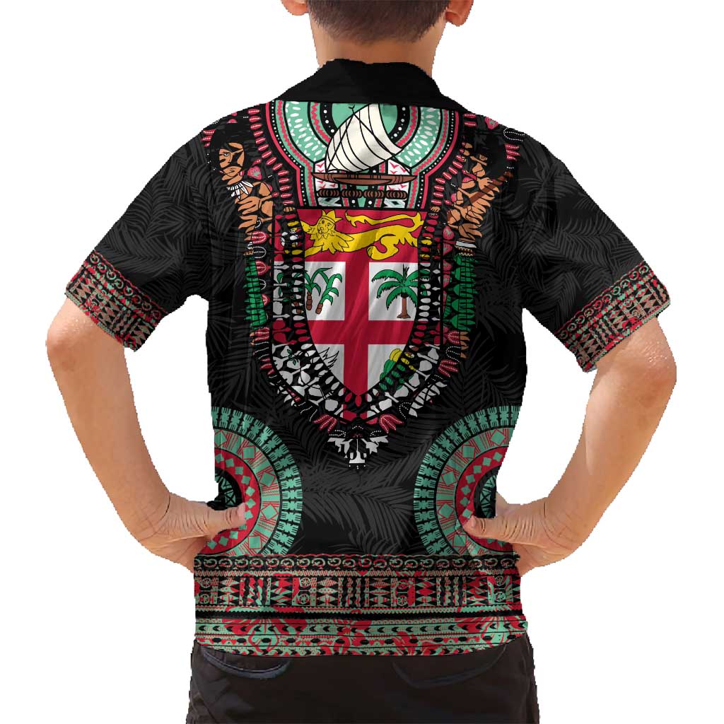 Fiji Coat of Arms Traditional Dashiki Family Matching Off Shoulder Maxi Dress and Hawaiian Shirt Tapa Art and Palm Leaves Pattern Black Color LT03 - Polynesian Pride