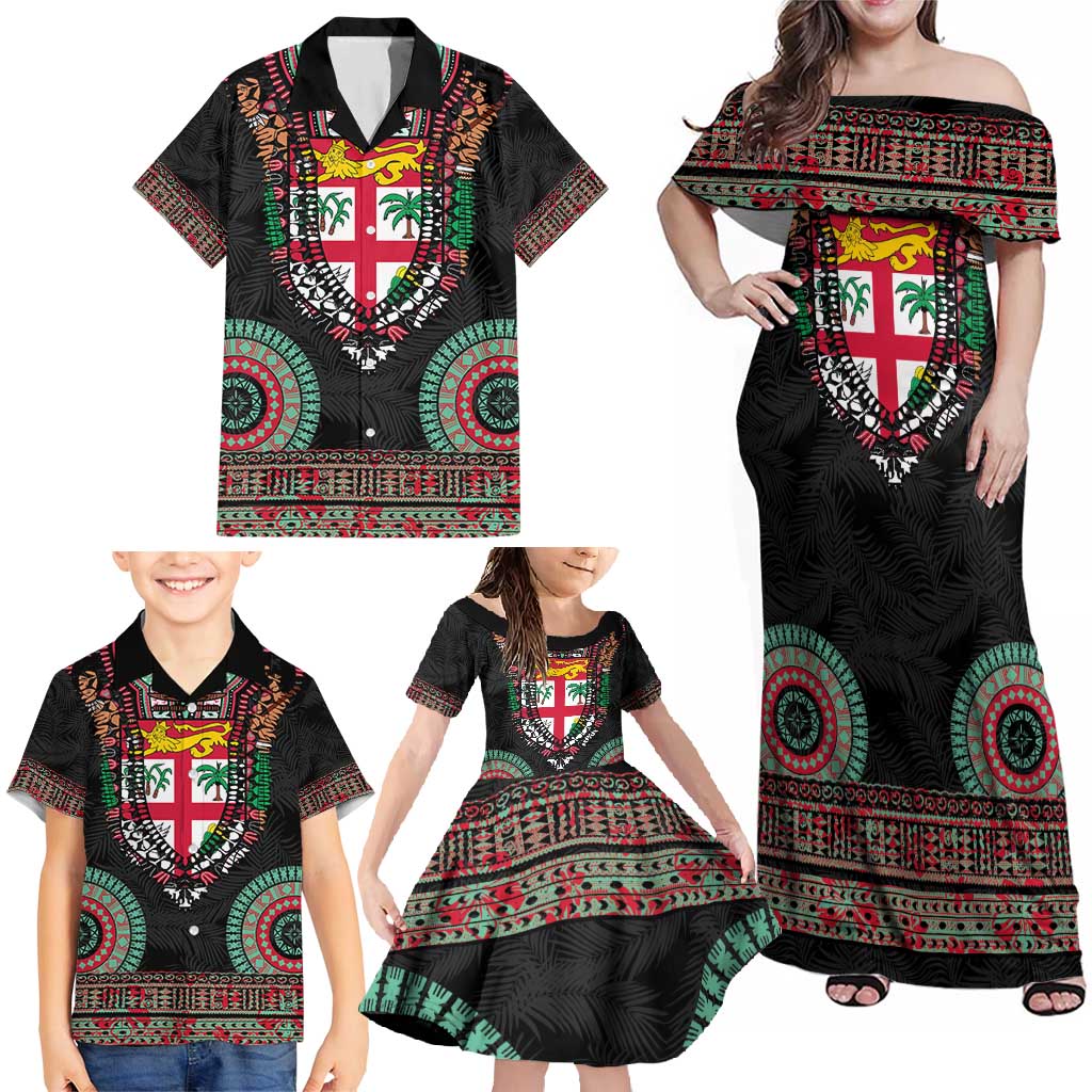 Fiji Coat of Arms Traditional Dashiki Family Matching Off Shoulder Maxi Dress and Hawaiian Shirt Tapa Art and Palm Leaves Pattern Black Color LT03 - Polynesian Pride