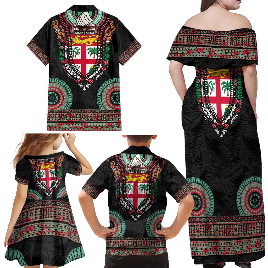 Fiji Coat of Arms Traditional Dashiki Family Matching Off Shoulder Maxi Dress and Hawaiian Shirt Tapa Art and Palm Leaves Pattern Black Color LT03 - Polynesian Pride