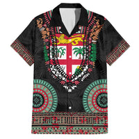 Fiji Coat of Arms Traditional Dashiki Family Matching Off Shoulder Maxi Dress and Hawaiian Shirt Tapa Art and Palm Leaves Pattern Black Color LT03 Dad's Shirt - Short Sleeve Black - Polynesian Pride