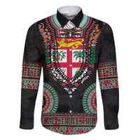 Fiji Coat of Arms Traditional Dashiki Family Matching Off Shoulder Maxi Dress and Hawaiian Shirt Tapa Art and Palm Leaves Pattern Black Color LT03 Dad's Shirt - Long Sleeve Black - Polynesian Pride