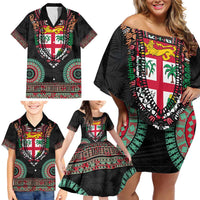 Fiji Coat of Arms Traditional Dashiki Family Matching Off Shoulder Short Dress and Hawaiian Shirt Tapa Art and Palm Leaves Pattern Black Color LT03 - Polynesian Pride