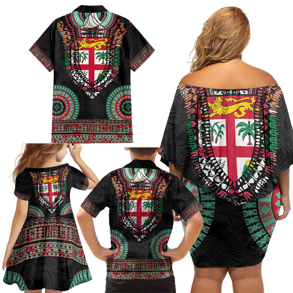 Fiji Coat of Arms Traditional Dashiki Family Matching Off Shoulder Short Dress and Hawaiian Shirt Tapa Art and Palm Leaves Pattern Black Color LT03 - Polynesian Pride