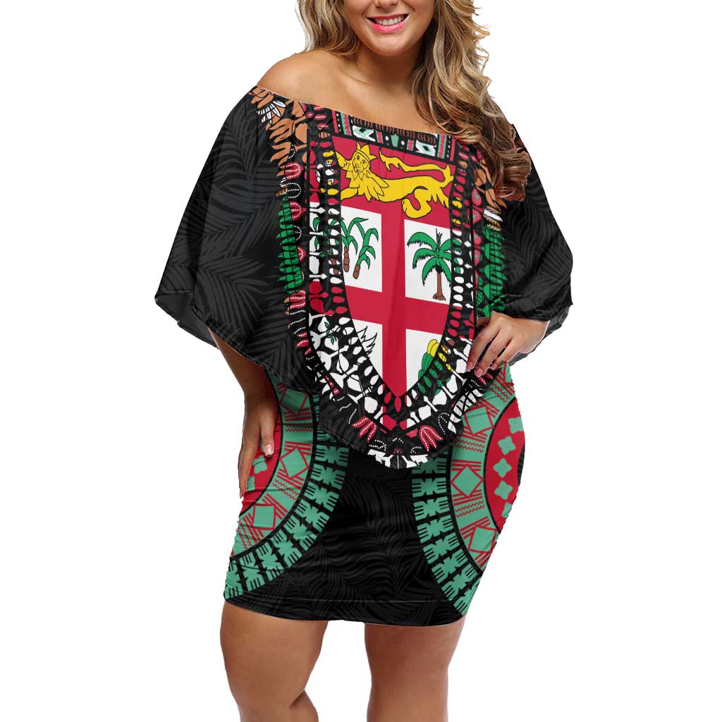Fiji Coat of Arms Traditional Dashiki Family Matching Off Shoulder Short Dress and Hawaiian Shirt Tapa Art and Palm Leaves Pattern Black Color LT03 Mom's Dress Black - Polynesian Pride