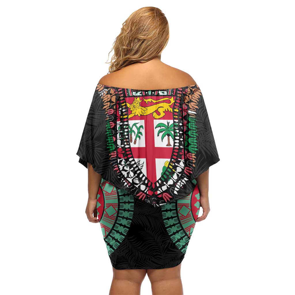Fiji Coat of Arms Traditional Dashiki Family Matching Off Shoulder Short Dress and Hawaiian Shirt Tapa Art and Palm Leaves Pattern Black Color LT03 - Polynesian Pride