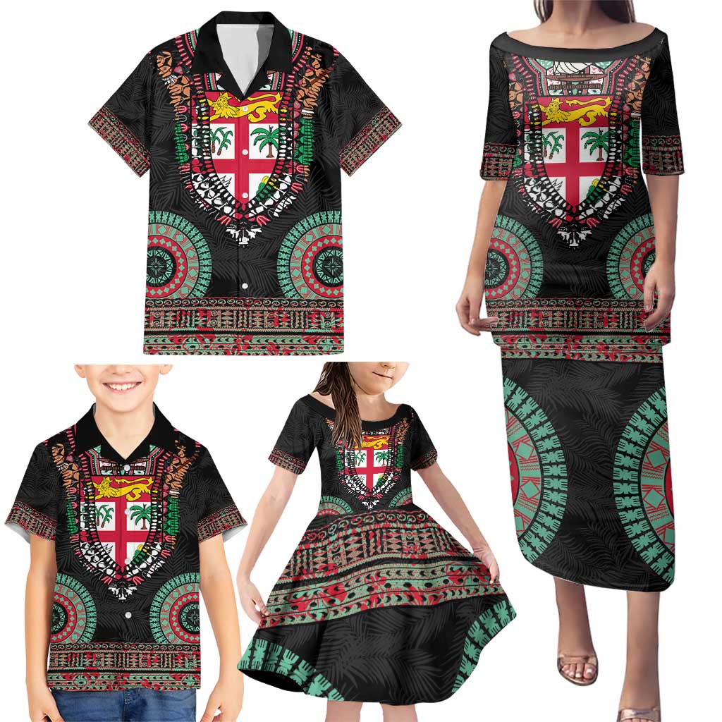 Fiji Coat of Arms Traditional Dashiki Family Matching Puletasi and Hawaiian Shirt Tapa Art and Palm Leaves Pattern Black Color LT03 - Polynesian Pride