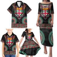 Fiji Coat of Arms Traditional Dashiki Family Matching Puletasi and Hawaiian Shirt Tapa Art and Palm Leaves Pattern Black Color LT03 - Polynesian Pride