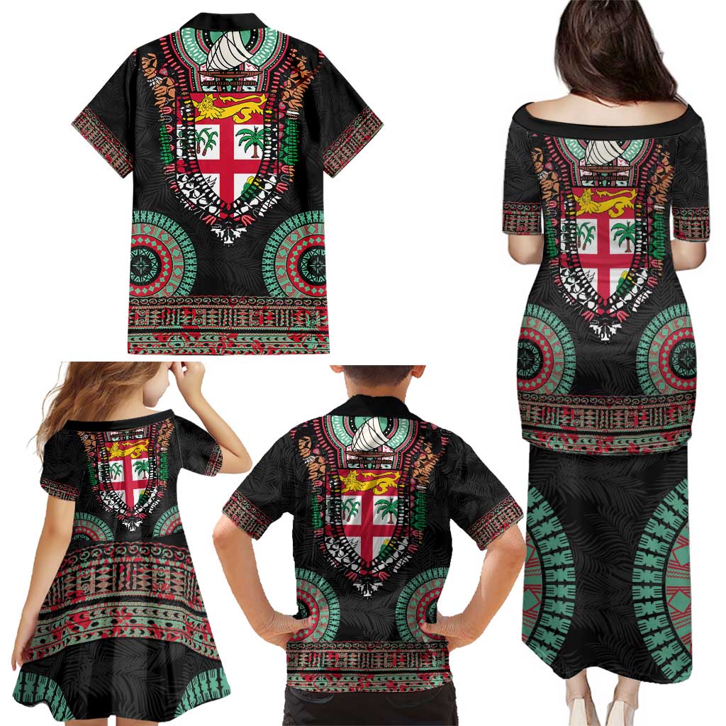 Fiji Coat of Arms Traditional Dashiki Family Matching Puletasi and Hawaiian Shirt Tapa Art and Palm Leaves Pattern Black Color LT03 - Polynesian Pride