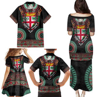 Fiji Coat of Arms Traditional Dashiki Family Matching Puletasi and Hawaiian Shirt Tapa Art and Palm Leaves Pattern Black Color LT03 - Polynesian Pride