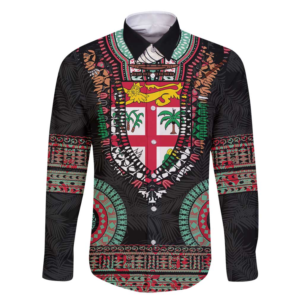 Fiji Coat of Arms Traditional Dashiki Family Matching Puletasi and Hawaiian Shirt Tapa Art and Palm Leaves Pattern Black Color LT03 Dad's Shirt - Long Sleeve Black - Polynesian Pride