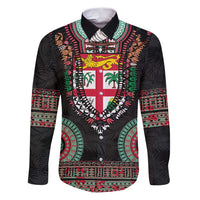 Fiji Coat of Arms Traditional Dashiki Family Matching Puletasi and Hawaiian Shirt Tapa Art and Palm Leaves Pattern Black Color LT03 Dad's Shirt - Long Sleeve Black - Polynesian Pride