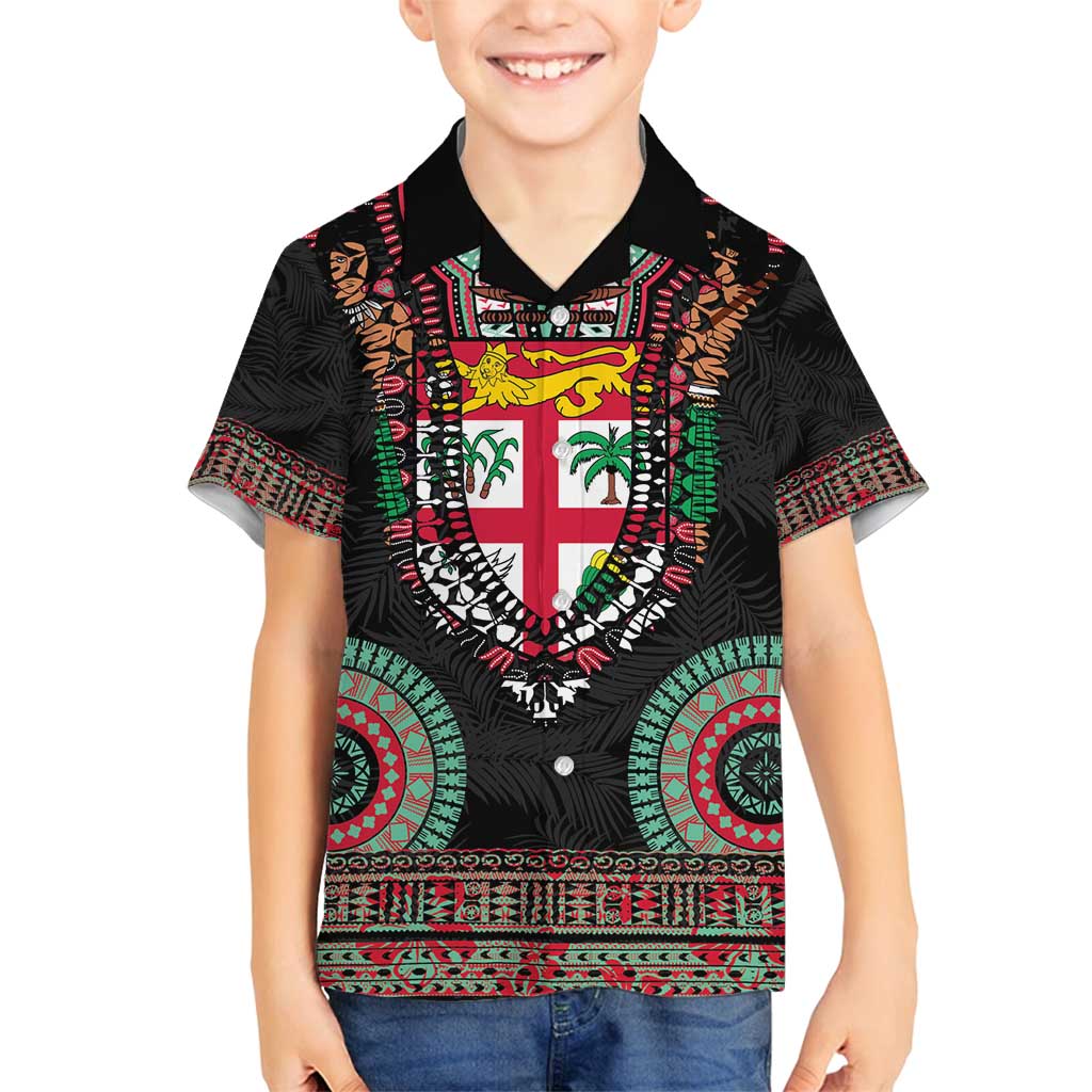 Fiji Coat of Arms Traditional Dashiki Family Matching Puletasi and Hawaiian Shirt Tapa Art and Palm Leaves Pattern Black Color LT03 Son's Shirt Black - Polynesian Pride