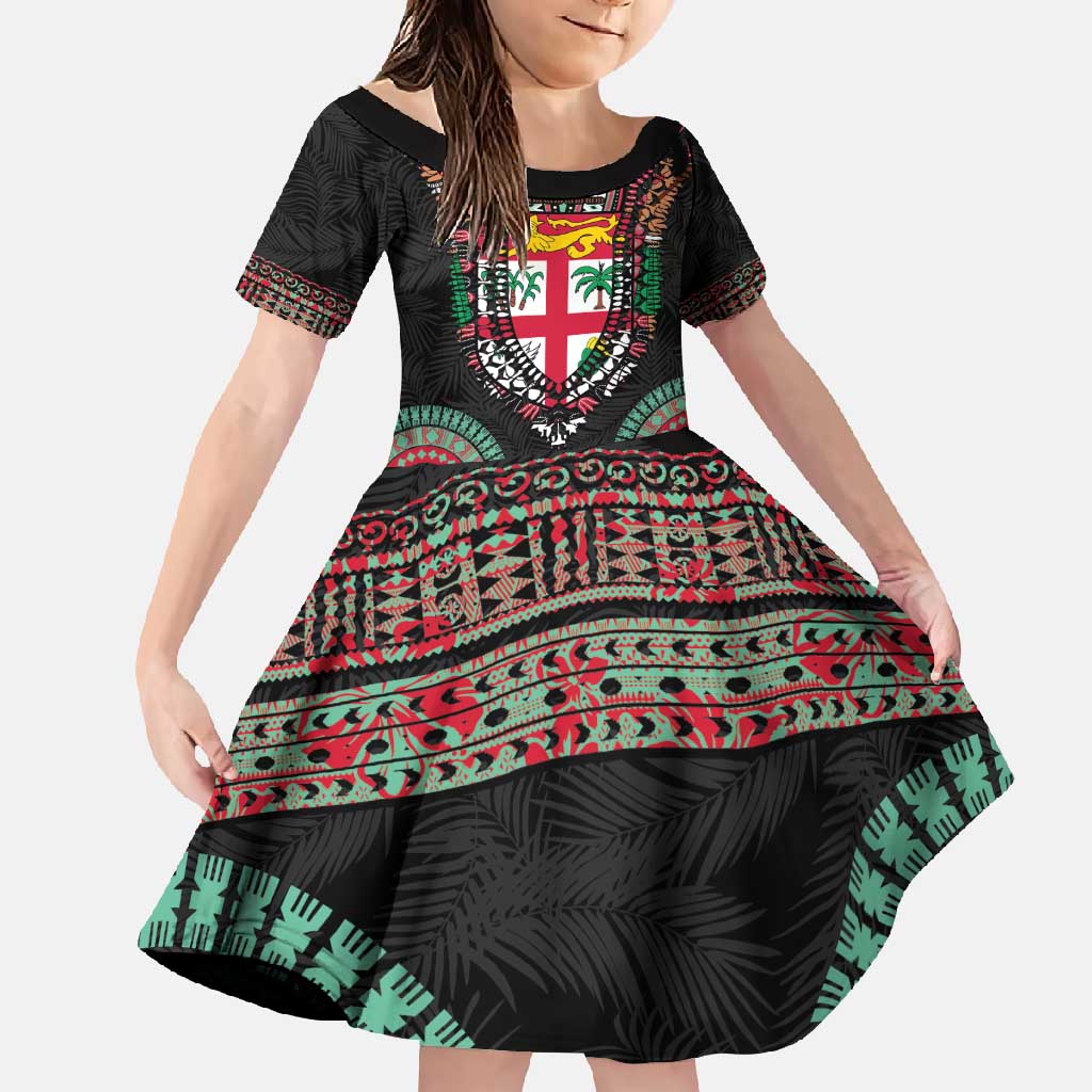 Fiji Coat of Arms Traditional Dashiki Family Matching Short Sleeve Bodycon Dress and Hawaiian Shirt Tapa Art and Palm Leaves Pattern Black Color LT03 Daughter's Dress Black - Polynesian Pride