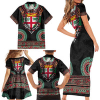 Fiji Coat of Arms Traditional Dashiki Family Matching Short Sleeve Bodycon Dress and Hawaiian Shirt Tapa Art and Palm Leaves Pattern Black Color LT03 - Polynesian Pride